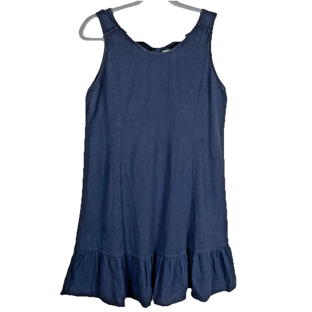 Terzo Millennio 100% Linen Sun Dress Size S Navy Ruffle Coastal Tropical Italy